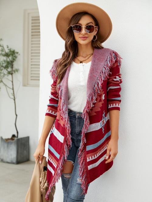 Fringe Geometric Hoodie Cardigan