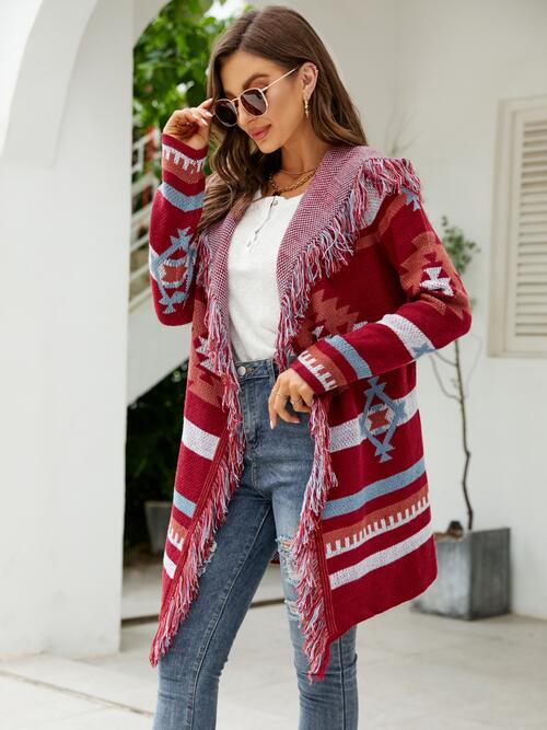 Fringe Geometric Hoodie Cardigan