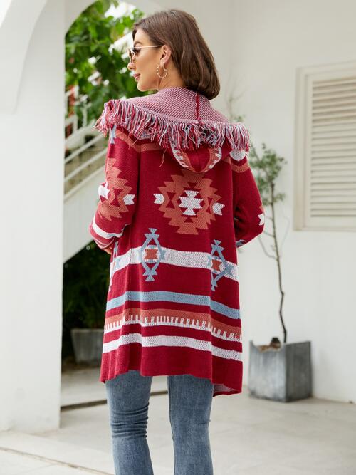 Fringe Geometric Hoodie Cardigan