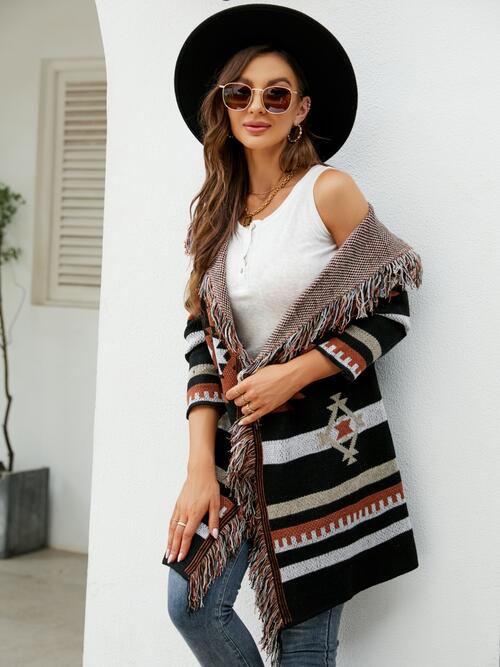 Fringe Geometric Hoodie Cardigan