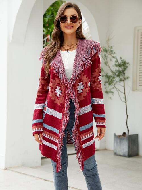 Fringe Geometric Hoodie Cardigan