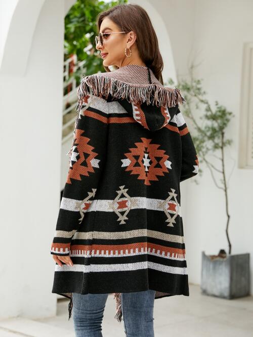 Fringe Geometric Hoodie Cardigan