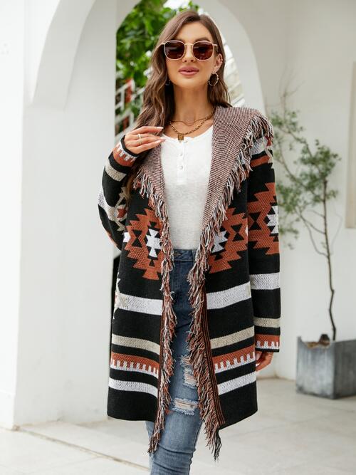 Fringe Geometric Hoodie Cardigan