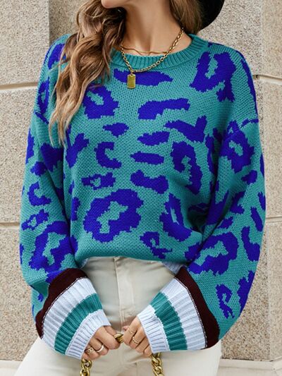 Leopard Round Neck Dropped Shoulder Sweater