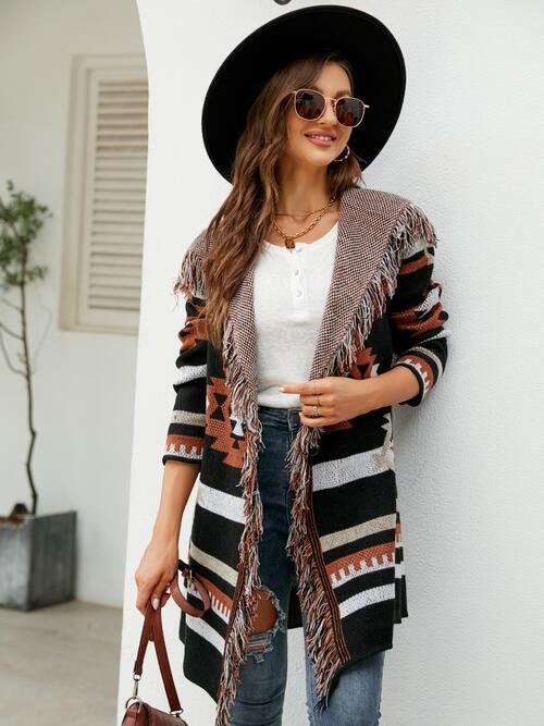 Fringe Geometric Hoodie Cardigan